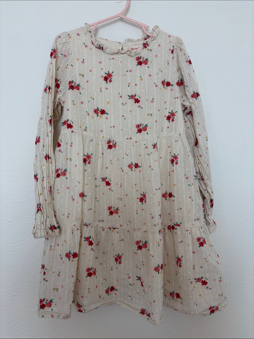 Cat & Jack Cream Floral Tiered Long-Sleeve Dress with Red Rose Print